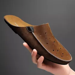 Genuine Leather Slippers For Men Slip on Flats Shoes Walking Shoes Men Half Slippers Comfortable  Household Casual Beach Sandals