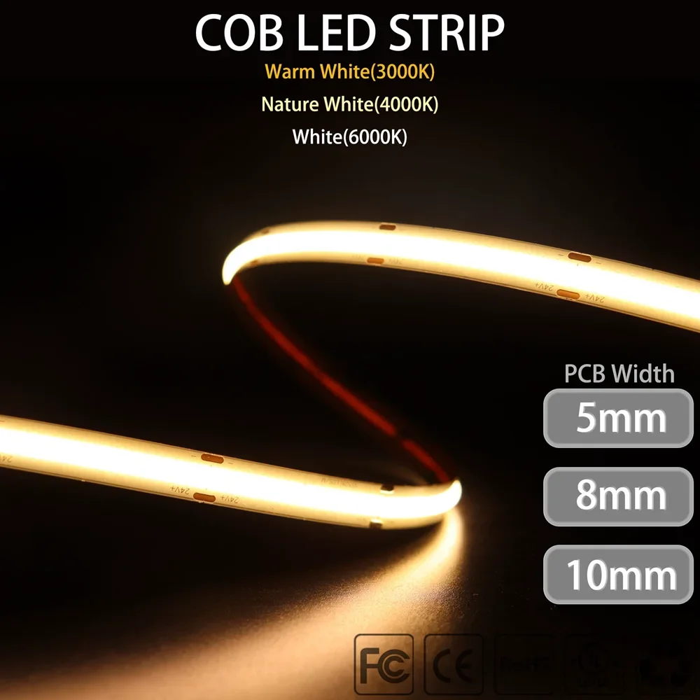 

COB LED Strip High Density Flexible FCOB 320/480/528LEDs/m Lights Tape Cool/Nature/Warm White Linear Dimmable DC12V/24V