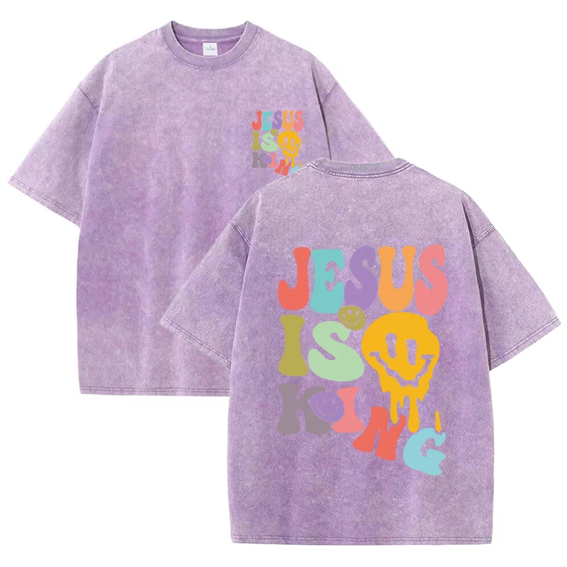 

Jesus Is King Street Letter Graphic Print Washed Women T-Shirt Hip Hop New Short Sleeve All-Match Cotton Tee Shirt Loose Top