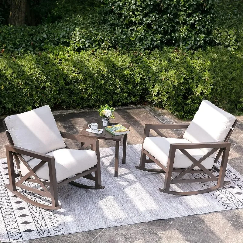 3 Piece Outdoor Patio Conversation Furniture Set with 2 Rockers and 1 Metal Table with Thick Cushions for Backyard,Poolside