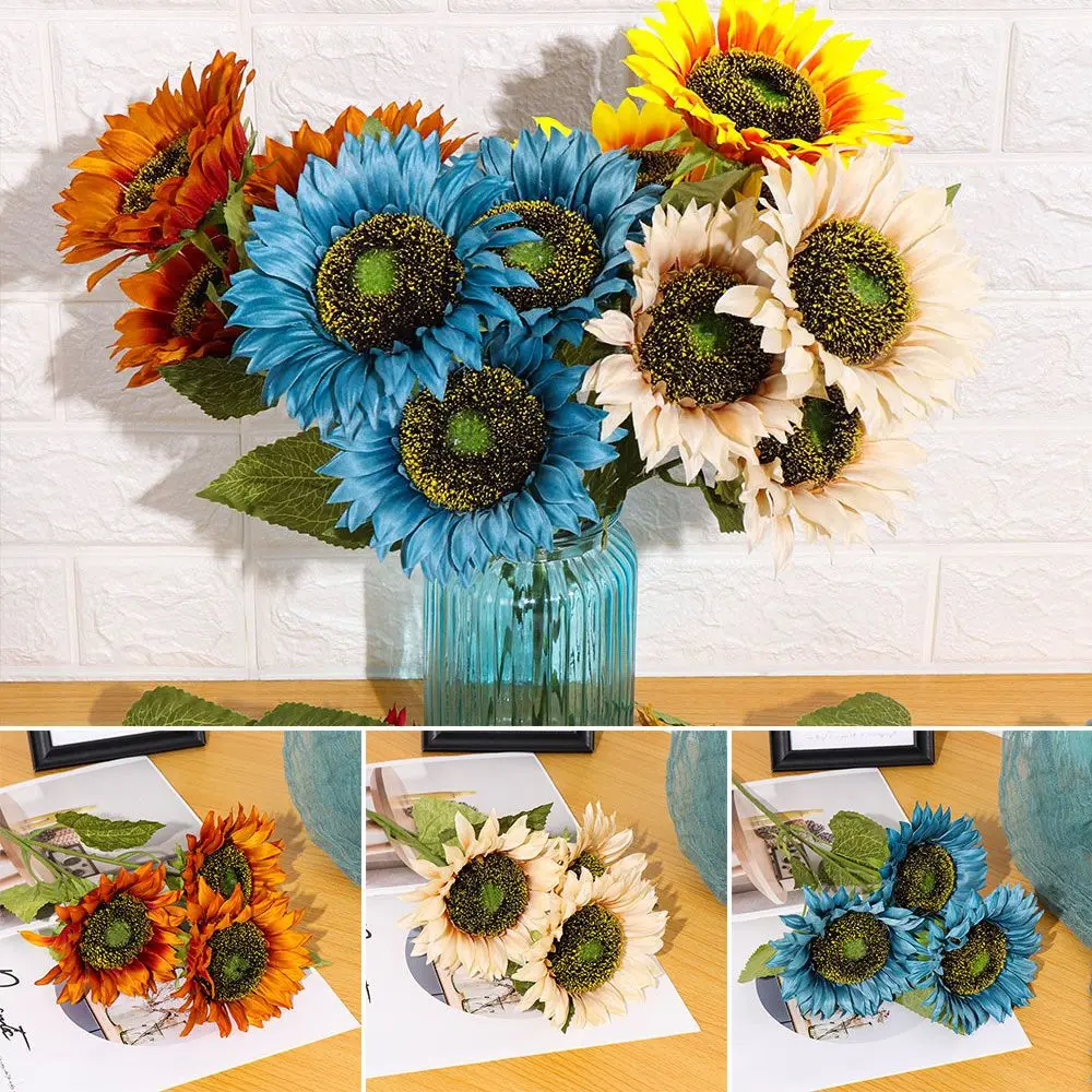 3Heads Decorative Real Touch Home Decor Fake Flores Bouquet Artificial Flower Silk Sunflower Wedding Decoration