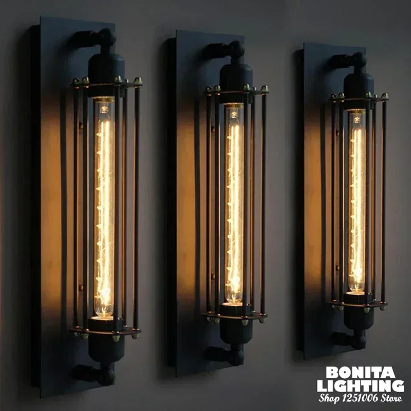 

Retro Wall Sconces Edison Bulb Long Tube Restaurant Corridor Bedside Home Decoration Industrial Style Wrought Iron Wall Light