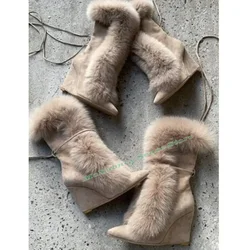 Suede Pointed Toe Boots Wedges High Heels Solid Fur Lace Up Straps Mid Calf Boots Women Winter Shoes Warm Big Size Designer New
