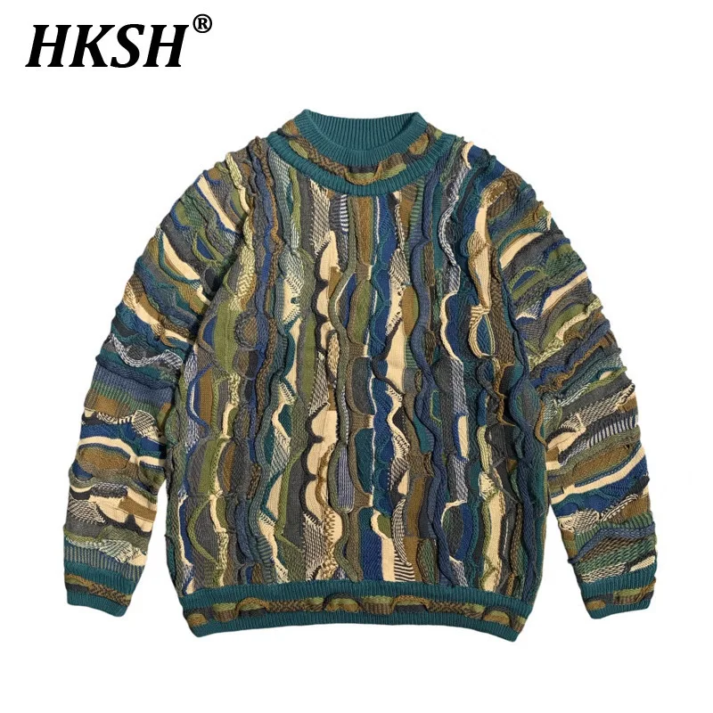 HKSH Autumn Winter New Men's Tide Vintage Heavy Industry Patterned Jacquard Three-dimensional Wave Pullover Chic Sweater HK3194