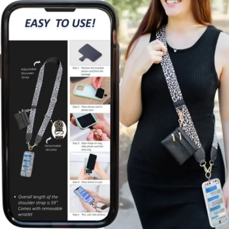 Phone Strap With Zippered Pouch Adjustable Perforation-Free Simple Phone Lanyard Detachable Cross Strap For Mobile Phone