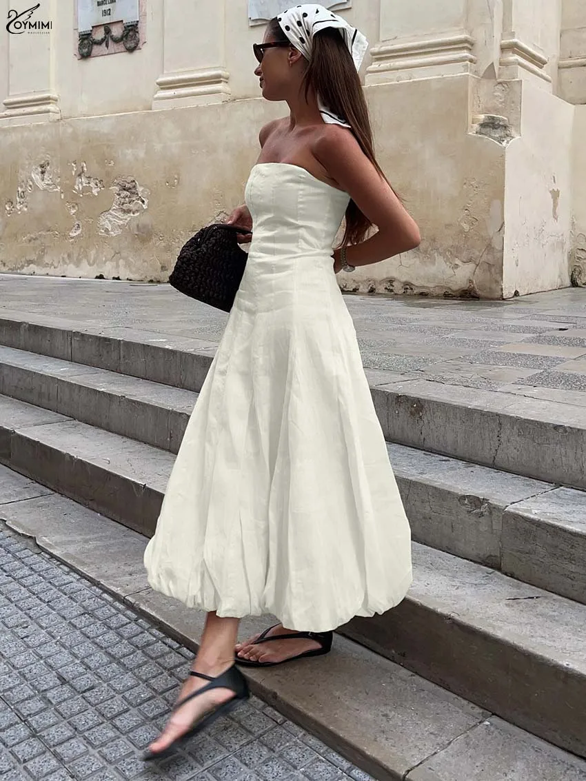 

Oymimi Fashion Beige Cotton Womens Dresses Elegant Strapless Zipper Loose Dresses Autumn High Waist Mid-Calf Dress Streetwear