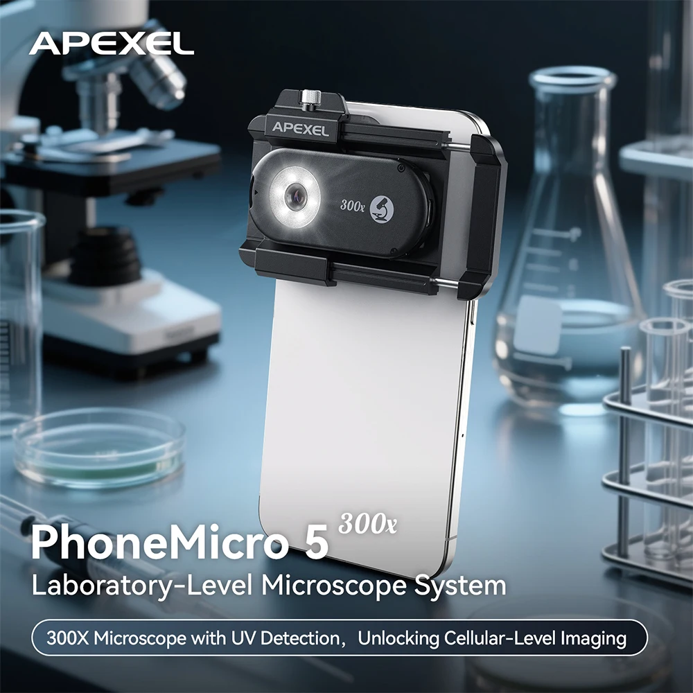 Lente de microscópio móvel APEXEL 300X com luz LED/UV para Android/iPhone - Mini microscópio digital de bolso, acessórios para smartphone