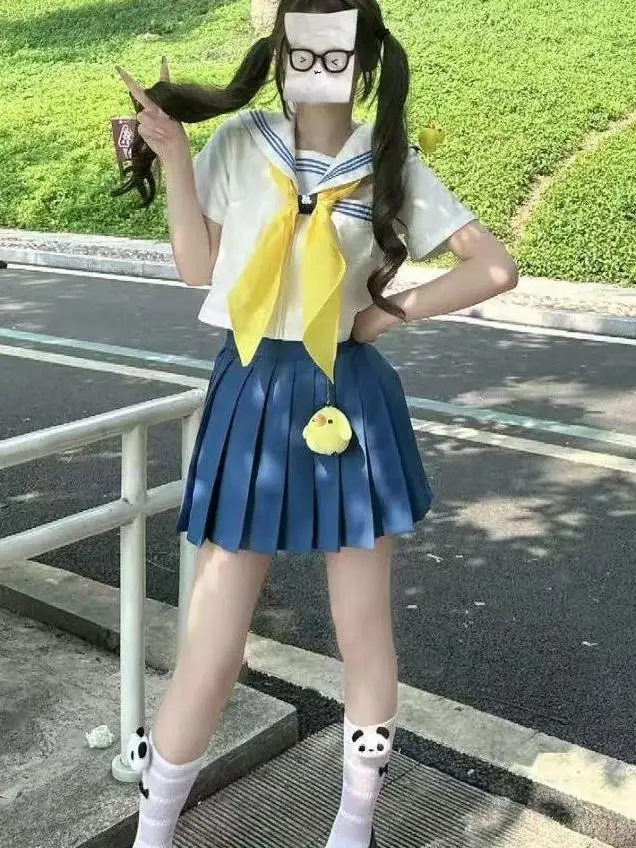 

College Style JK Uniform Short Sleeve Sailor Suit Set Soft Girl Blue Plaid Skirt And Shirt Women's Fashion Ensemble Breathable