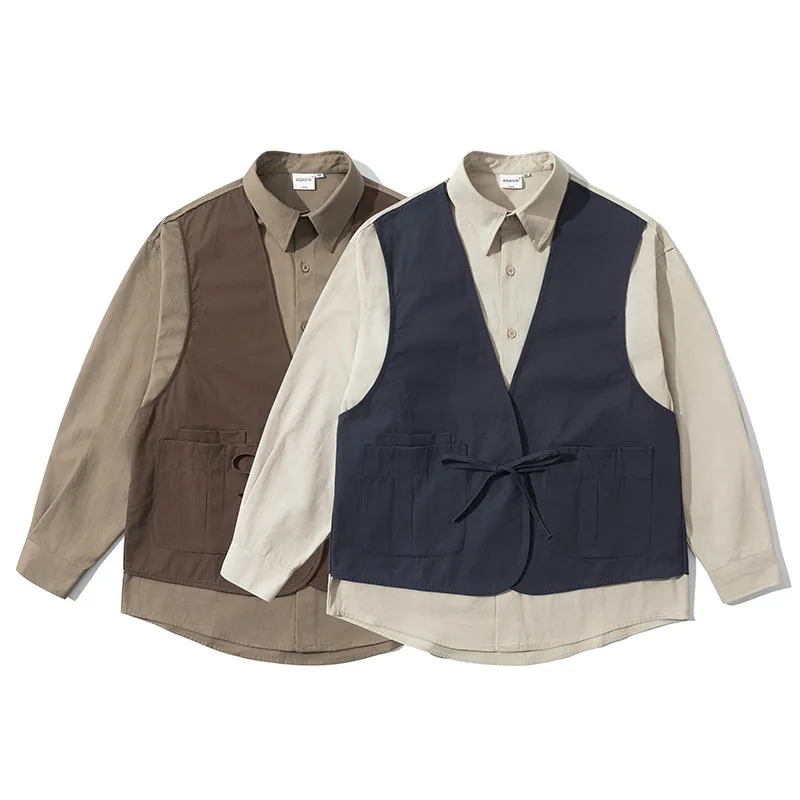 

Осенняя японская ретро-рубашка с эффектом двухслойности, модная, свободная, дышащая, с цветными блоками и дизайнерским воротником