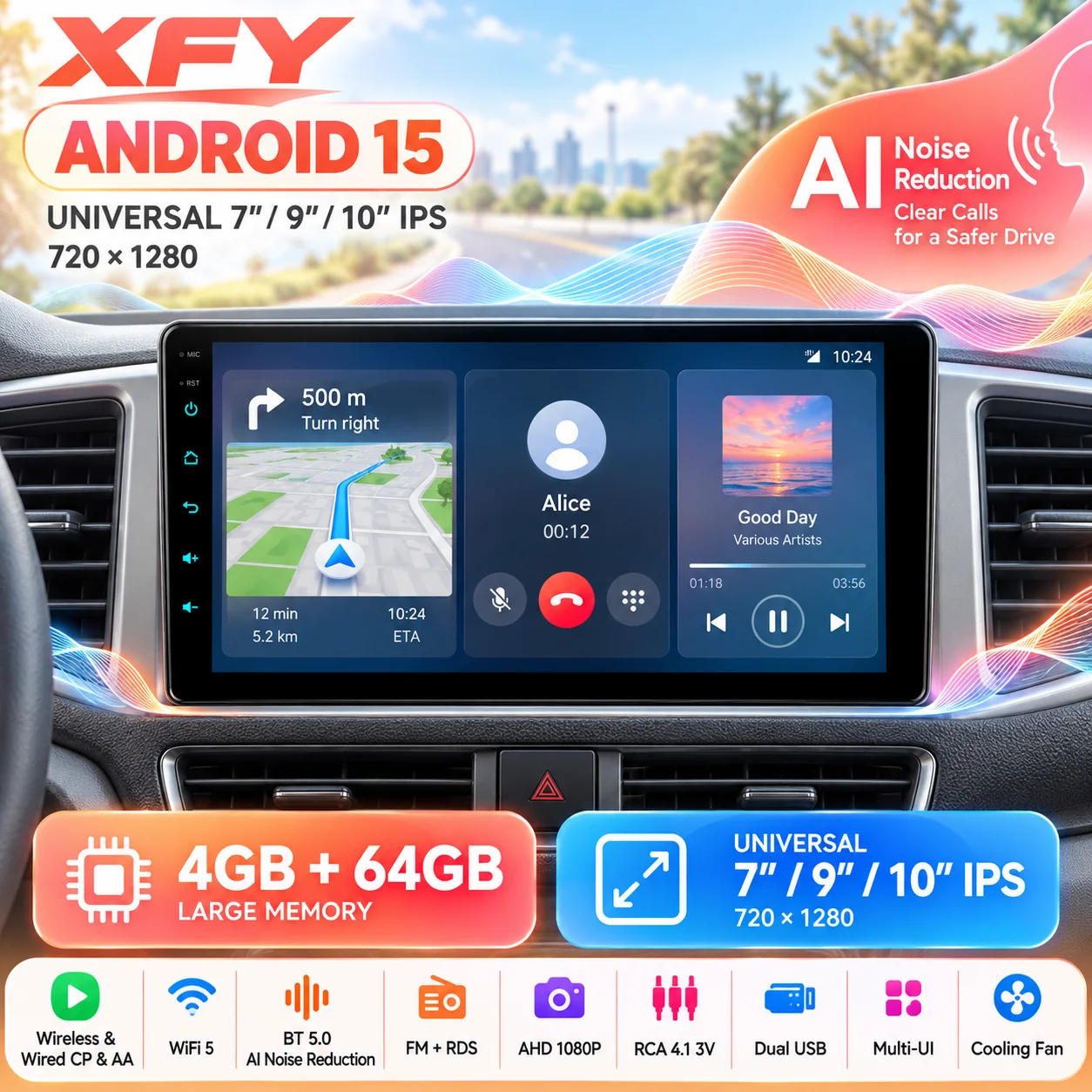 XFY 7/9/10 Inch Android Car Radio Android 15 4GB 64GB Wireless CarPlay Android Auto WiFi 5 BT 5.0 FM RDS AHD1080P 2 DIN IPS NEW