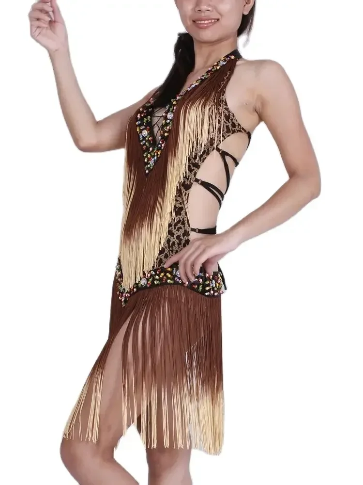 Leoparden-Latin-Tanzkleid für Damen, Salsa, Tango, Cha Cha, modernes Jazz-Ballsaal-Flamenco-Kleid, sexy Kleid mit tiefem V-Ausschnitt und Schnürung und Fransen