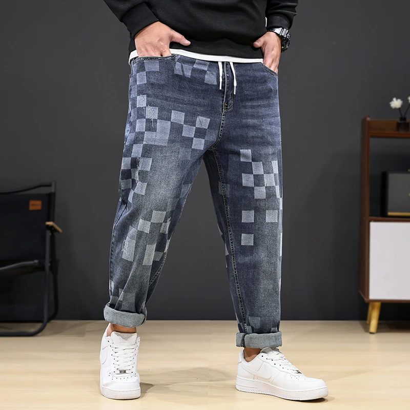 

8XL oversized jeans men's fashion mosaic printing stylish stretchy plus size casual denim loose 150kg fat pants