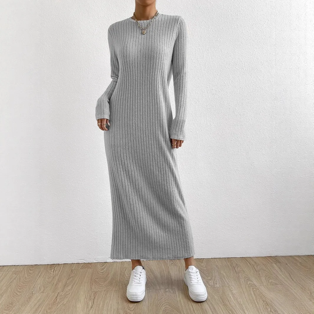 

Elegant Woman's Dress Autumn Winter Warm Soft Solid Color Knitted Long Skirt Round Neck Slim Comfort Casual Office Lady Vestidos