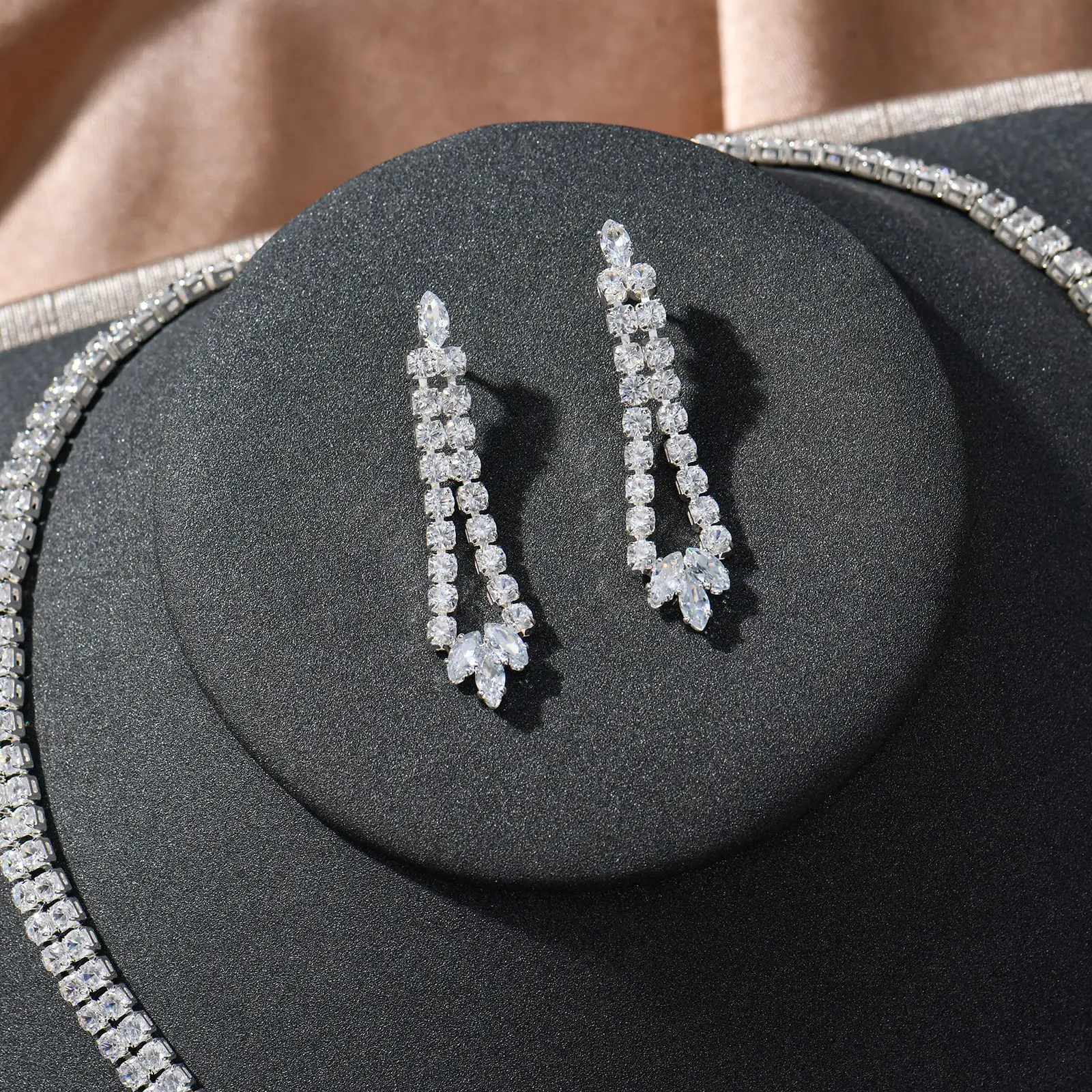 Cubic Zirconia Bridal Jewelry Sets For Women Saudi Arabia Indian Necklace Earring Sets For Wedding Bride Pendant Necklace Set
