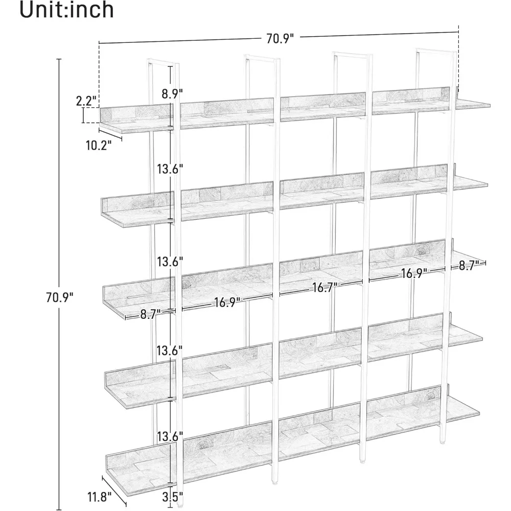 5 Tier Bookcase Home Office Open Bookshelf, Vintage Industrial Style Shelf, MDF Board, White Metal Frame, Brown