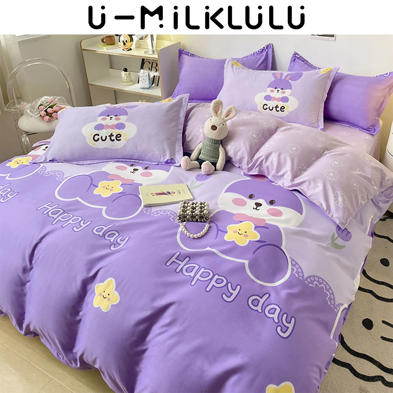 

Cute Rabbit AB 2-sided Comforter Bedding Set, Queen and King, Bed Sheets and Pillowcases, Luxury Purple Cartoon Duvet Cover, 180