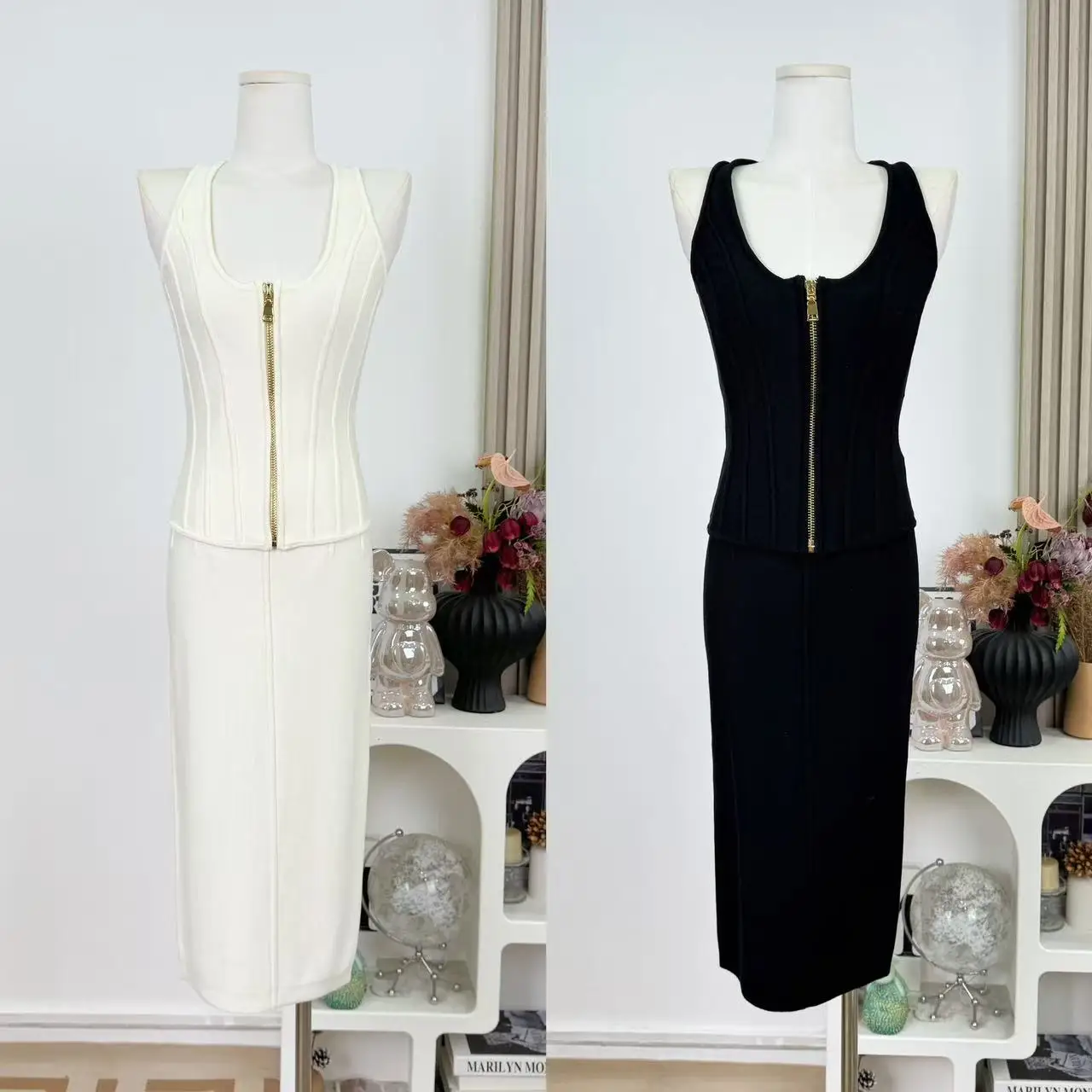 

Повседневная сексуальная вязаная майка, женский жилет без рукавов на молнии и полуюбка с высокой талией, комплект из двух предметов, офисный женский комплект F465