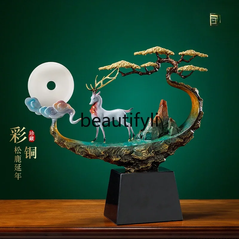 Moonlight pine deer high-end brass decorative handicrafts large ornament new Chinese home jewelry