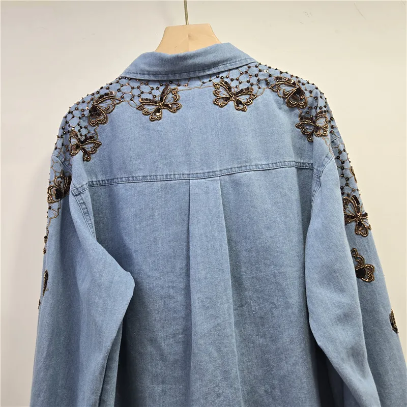 ANJY Wiosna Jesień Nowa Damska Modna Koszula Jeansowa Y2K z Grubym Haftem, Rozkloszowany Krój, Luźna, Casualowa, Elegancka, Retro Kurtka A17561