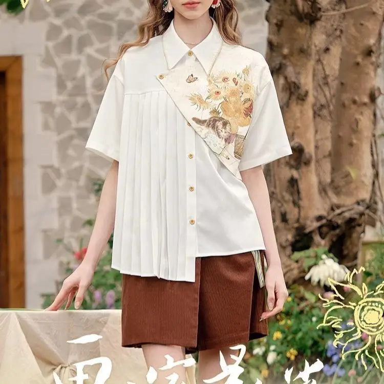 

Summer New Short Sleeve Print Loose Patchwork Shirt Top