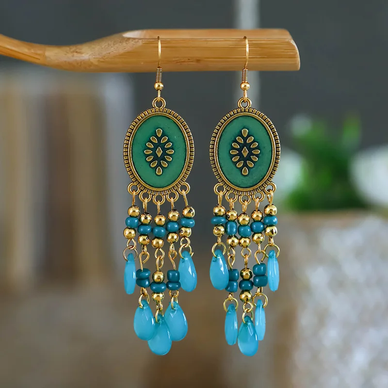 Bohemian Antik Gold Farbe Lange Wasser Tropfen Quaste Ohrringe für Frauen Vintage Bunte Geometrische Tropfen Baumeln Ohrringe Schmuck – Detail 32