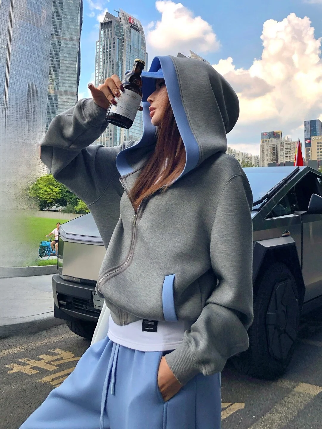 

Lililiwj Color Blo Hooded Zipper ort Jaet Women's Autumn Winter New Lazy Casual Loose Korean Sle Top Cotton Blend