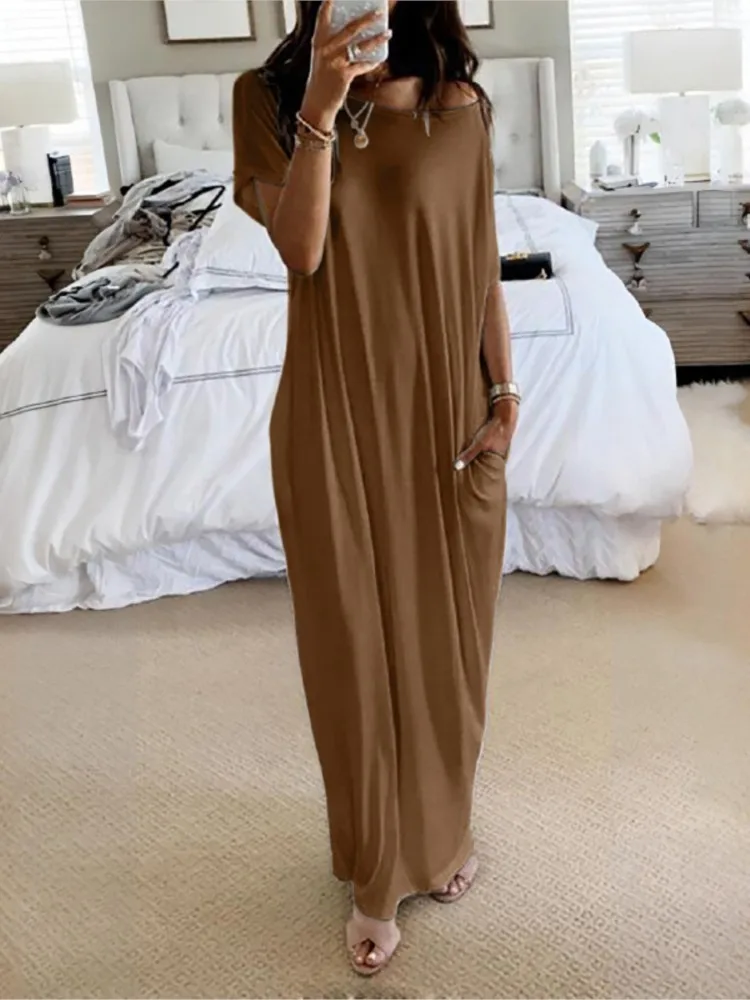 Solid Color Casual Loose Short Sleeve Slant Neck Dress 2026 Summer Women's Elegant Fashion Simple Women's Beach Vacation Dress