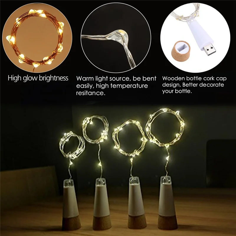 

A84E-2PCS LED Cork Bottle Fairy Lights USB Powered Battery Operated 2M 20 Leds For Home Kitchen Party Decor