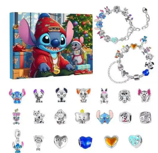 EN STOCK Stitch 2025 Calendario de Adviento de Navidad pulseras DIY fabricación de joyas calendario de cuenta regresiva de 24 días caja ciega de moda regalos Juguetes