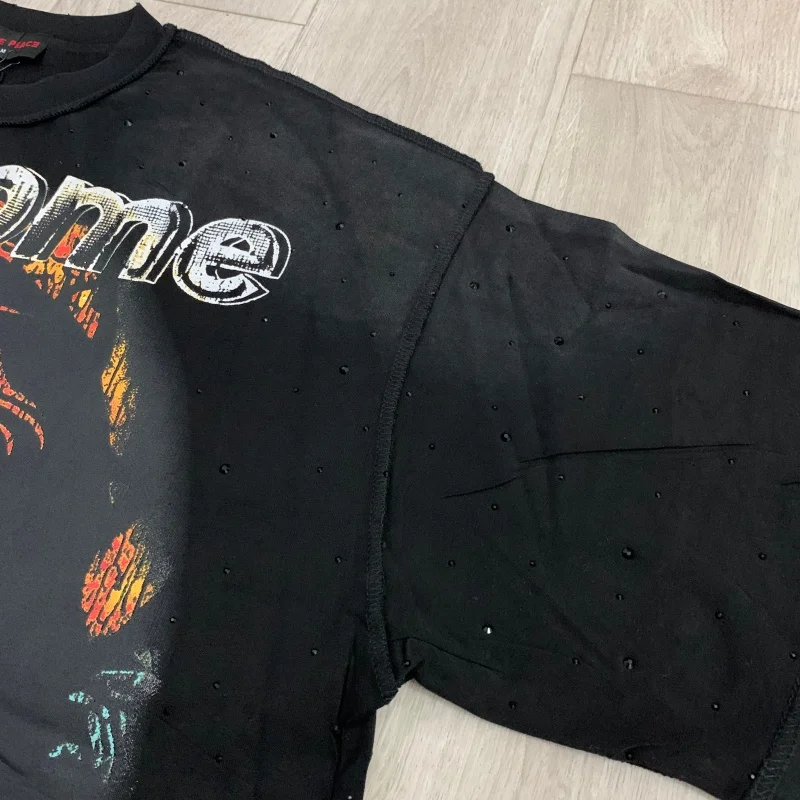Rare Peace Oversized Hip-Hop Fashion Printed Rhinestone Black Men's Women's Summer Short-Sleeve T-Shirt