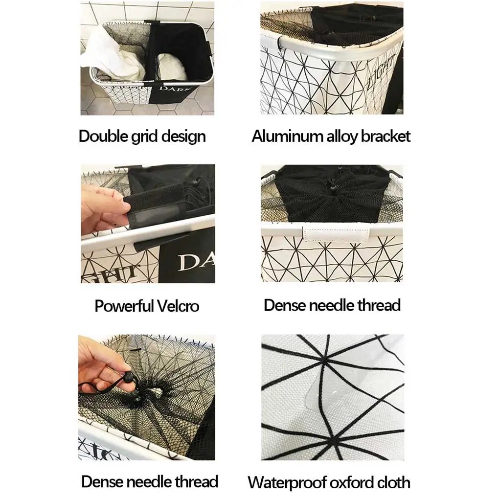 Dorm Laundry Basket Dual Color 2 Slots Dirty Clothes Hamper Oxford Cloth Breathable Organizer Washing Pouch  Black White