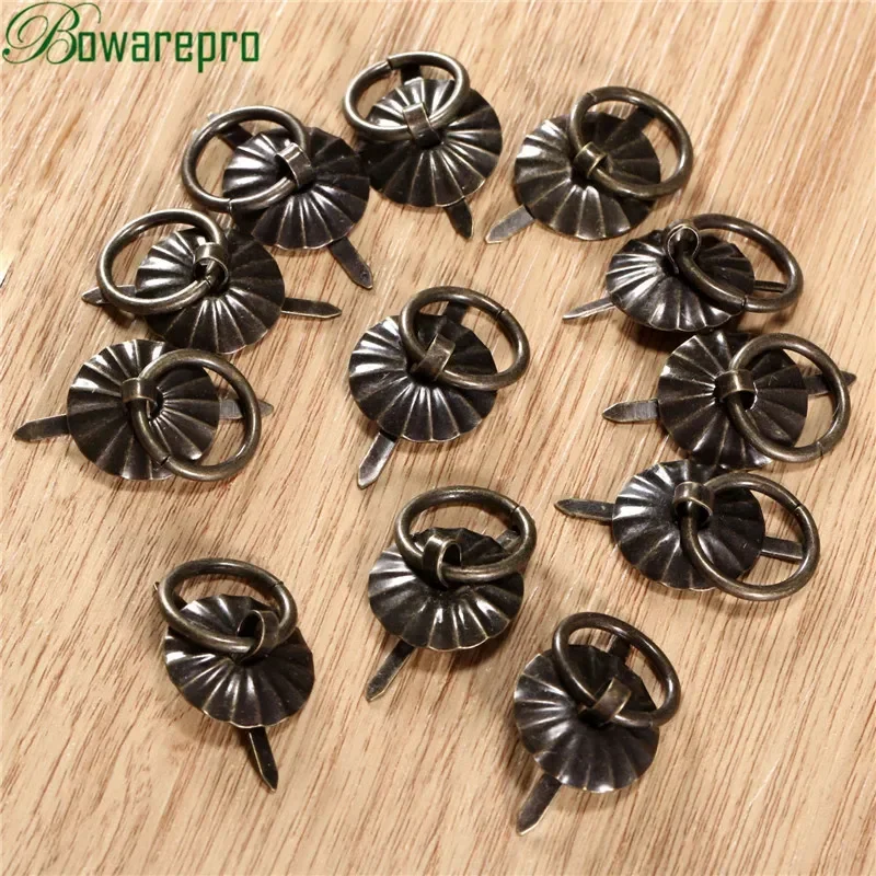 12pcs Mini Vintage Bronze Handle Jewelry Wine Gift Box Handle Pull Wooden Case Knob Round Ring Drawer Kitchen Cabinet Fittings