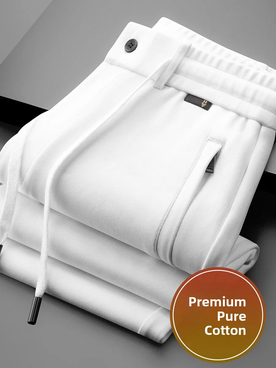 

High-Quali Pure Cotton Men's Sport Pants Loose Straight Leg Casual Trousers White Premium Long Pants for Middle-Aged Spring
