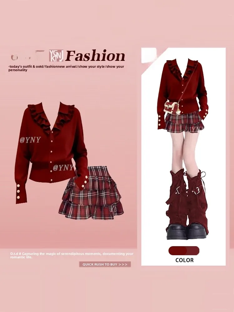 

Уникальный красный вязаный кардиган с открытыми рукавами и юбкой с оборками на талии, комплект с юбкой в клетку с высокой талией, длинный рукав, зимний наряд