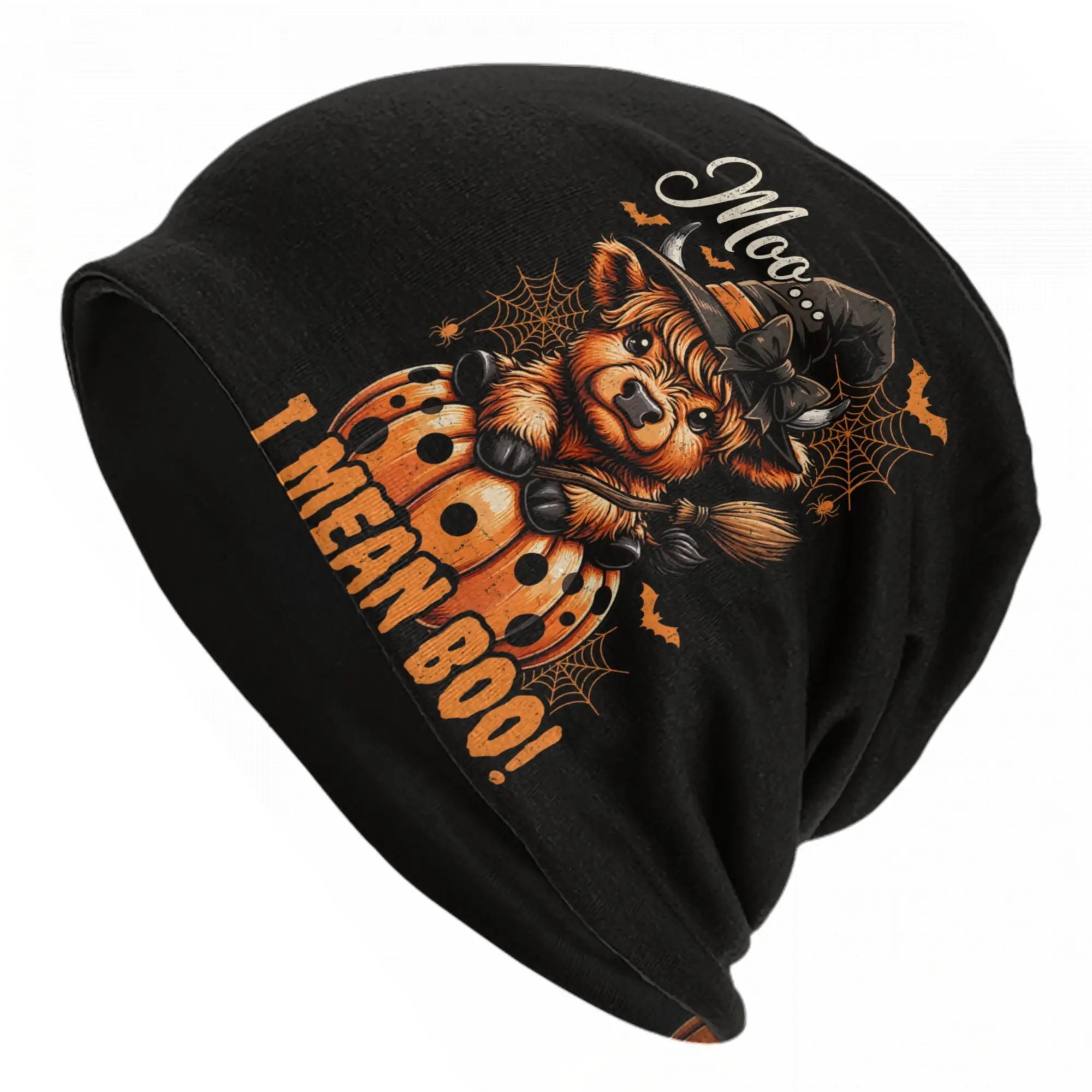 Moo I Mean Boo Witch Cow Spooky Fall Bonnet Hat Autumn Winter Outdoor Highland Cow Skullies Beanies Hat Unisex Warm Dual-use Cap