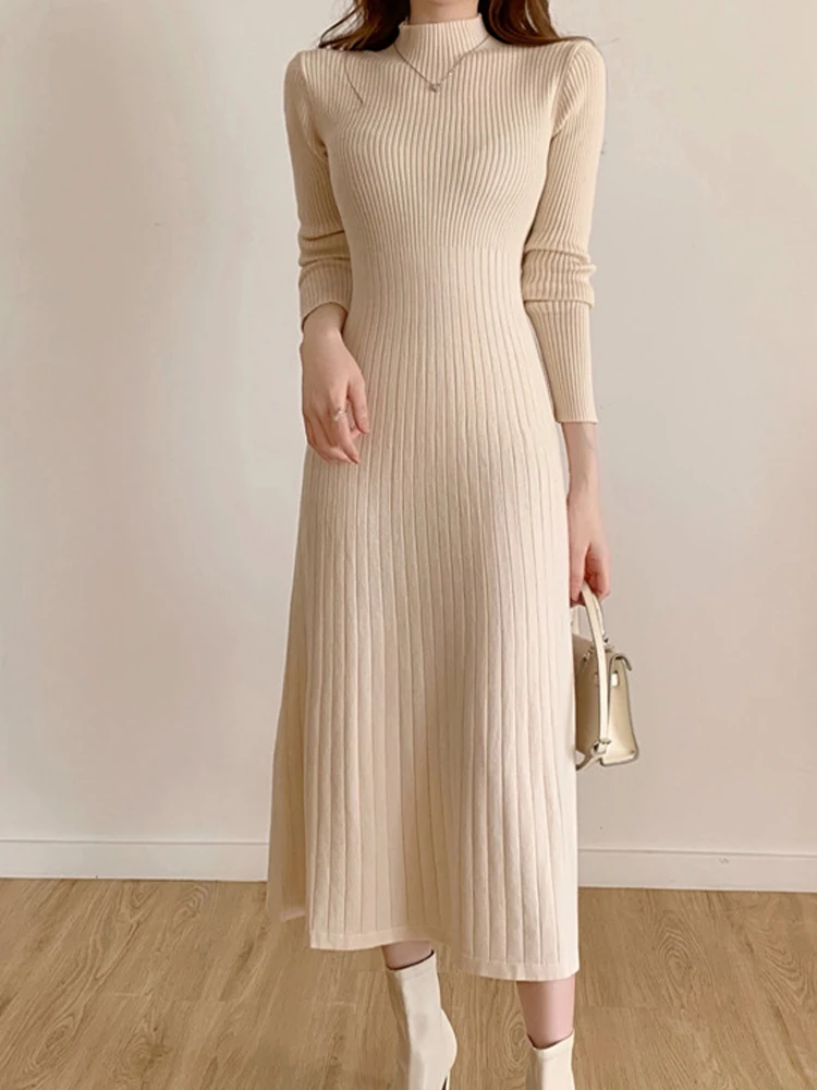 

Autumn Winter Long Dresses Women Elegant Half High Collar Knitted Sweater Dress Female Fashion Slim Long Sleeve Party Dresses