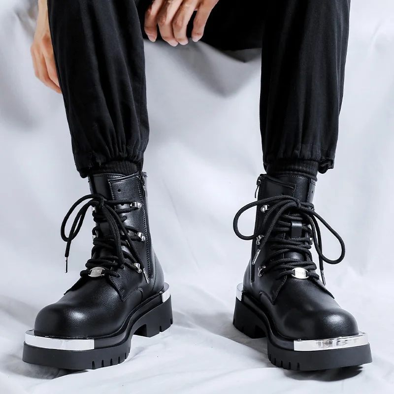 men fashion high motorcycle boots brand designer original leather shoes stage nightclub dress cowboy platform boot ankle botas