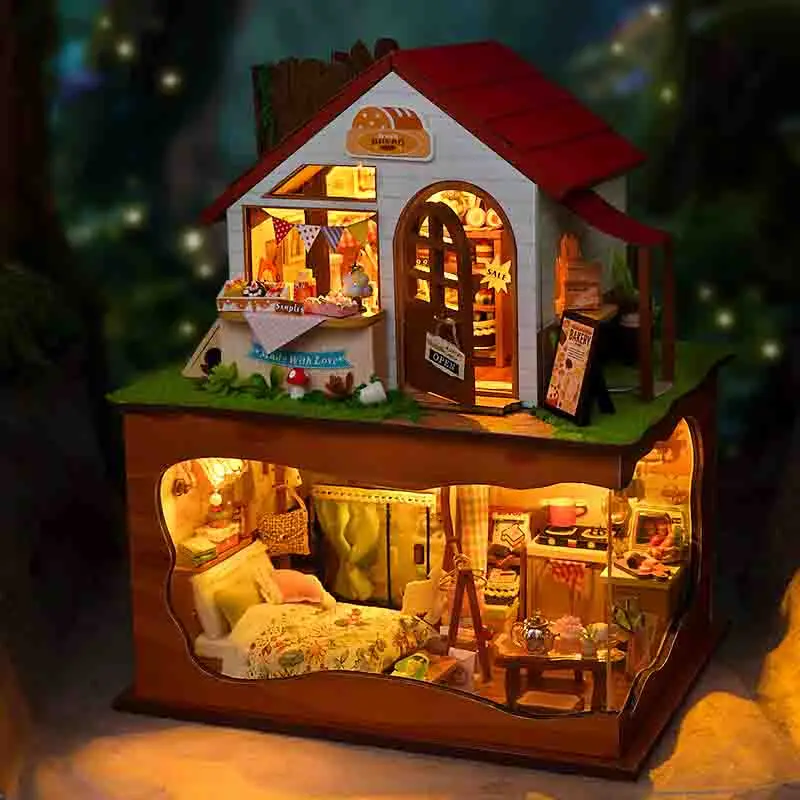 DIY Bakery Store Casa Houten Miniatuur Model Kit 3D Puzzel Poppenhuizen Met Meubels Poppenhuis voor Vrienden Verjaardagscadeaus