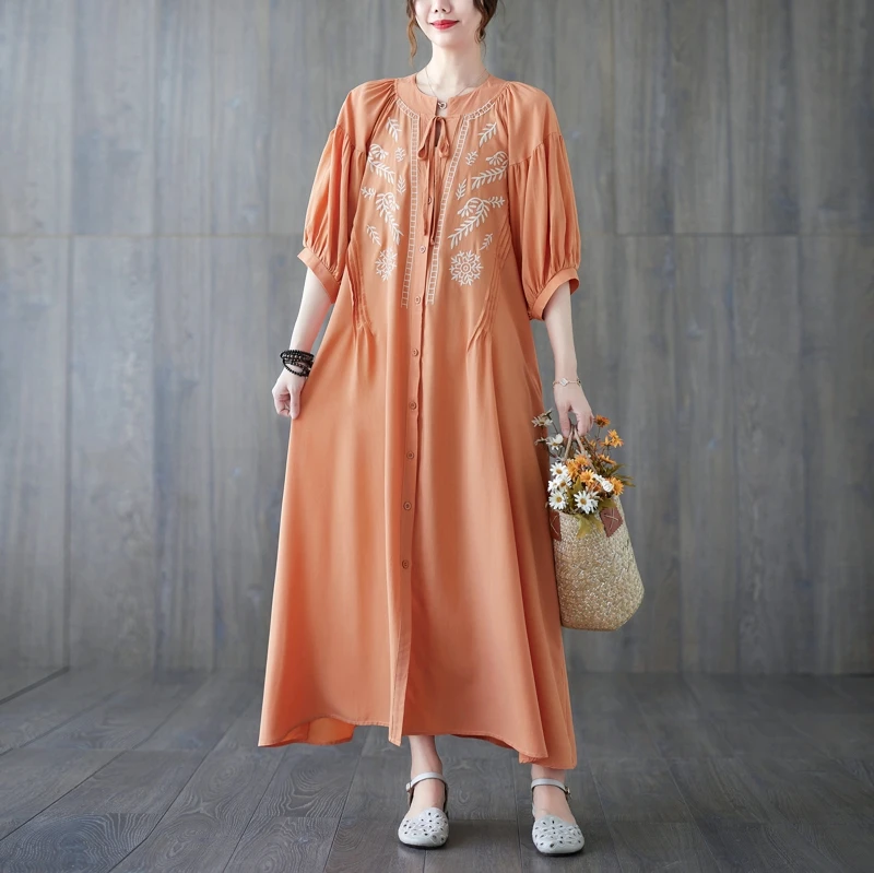 Retro bordado V-ne un solo botón suelto pierna ancha larga Dr mujer étnico chino Sle A-line falda larga Sve Dr