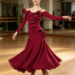 2026 New Ballroom Dance Competition Dress Lotus Leaf Lace Collar Women's Waltz Standard Clothes Long Sleeve Modern Dance Costume