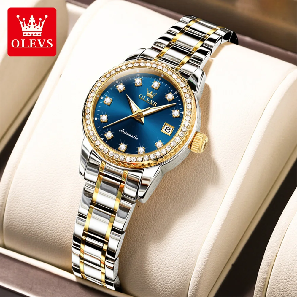 

OLEVS 7003 Original Mechanical Ladies Wristwatch Luminous Calendar Diamond Dial Steel Strap Elegant Women's Dress Watch