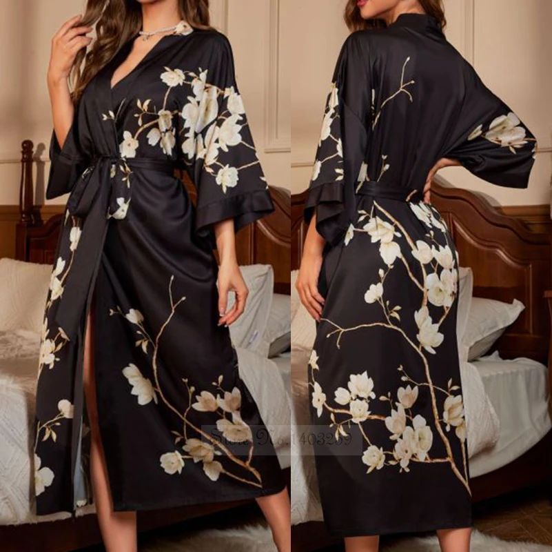 Camisón largo de satén para mujer, bata de baño con estampado de medio Kimono, para el hogar ropa de dormir, ropa de salón suelta, primavera y verano