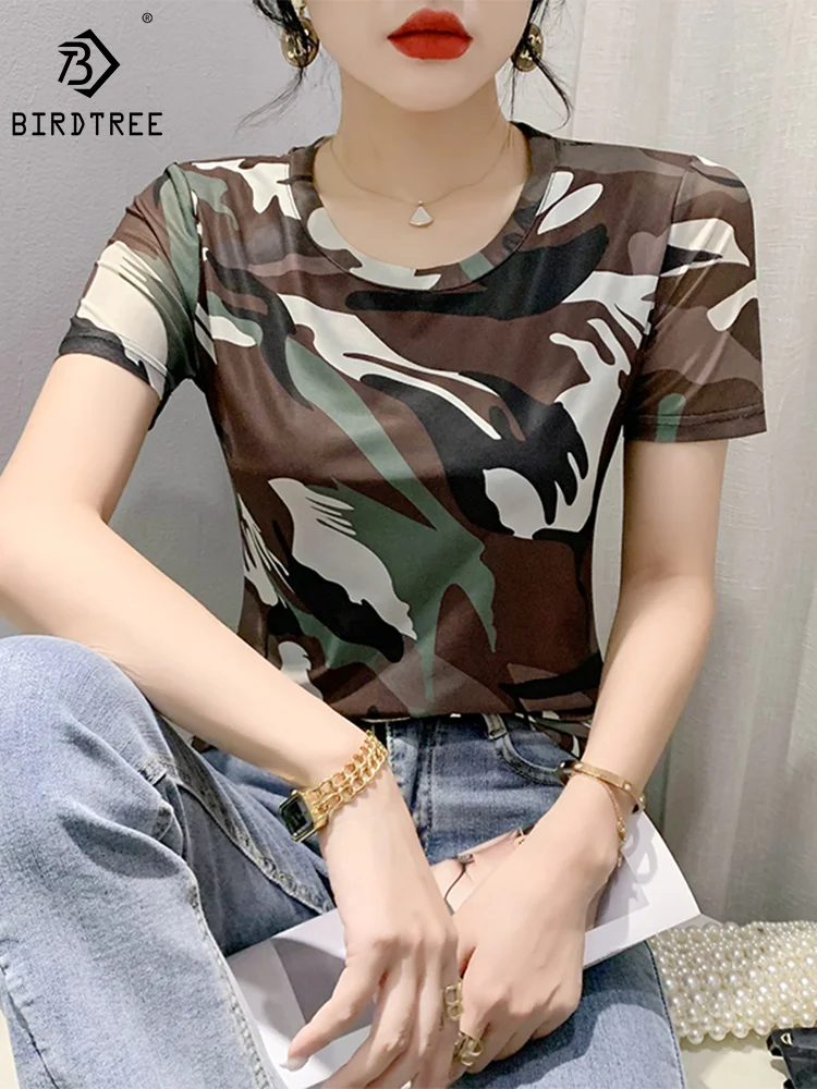 

MadBlack Summer European Clothes Tshirts Ladies Sexy O Neck Camouflage Printed Slim Mesh Tops Short Sleeve Basic Tees T36757JM