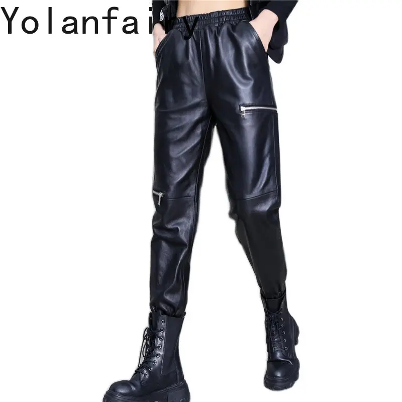 YOLANFAIRY Women Genuine Sheepskin Leather Harem Pants 2026 Autumn Elastic Waist Nine Points Casual Leather Pants Boot Trousers