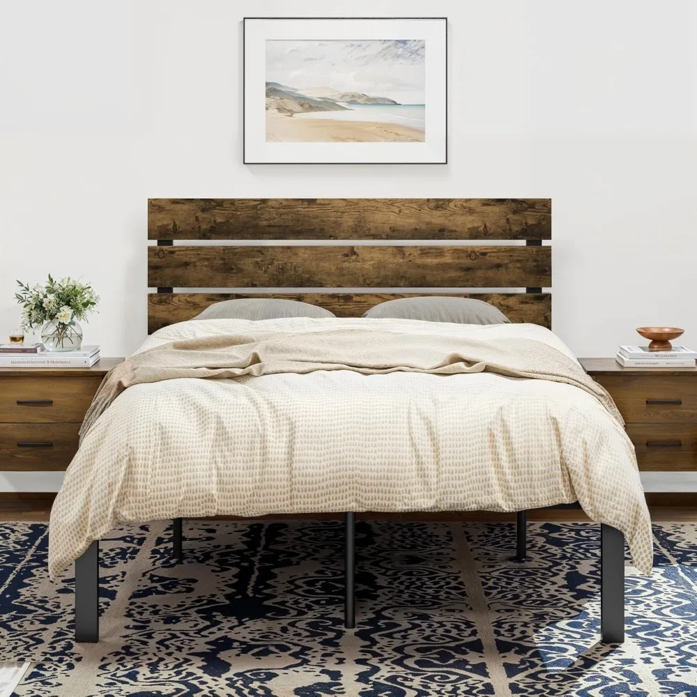 sha cerlin full size bed frame with rustic wooden headboard,3 boards design, heavy duty metal slats support platform, no box spr