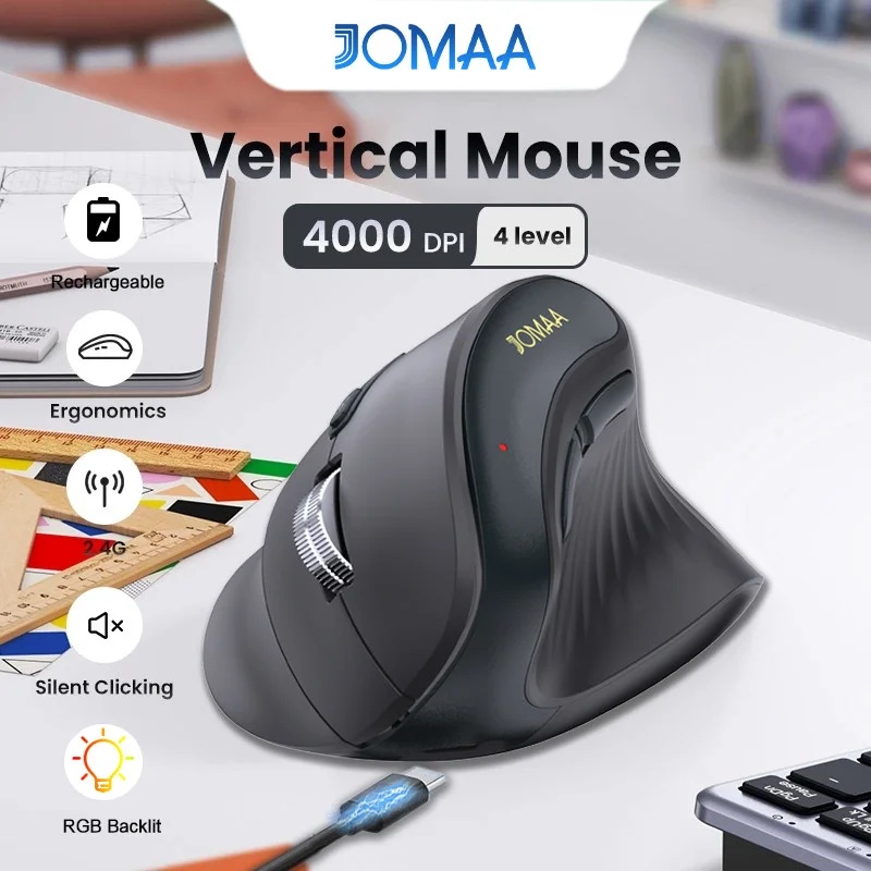 JOMAA RGB Bavklit Vertical Mouse Rechargeable Ergonomic 4000DPI Wireless Silent Click Mouse for Laptop PC Windows Mac OS