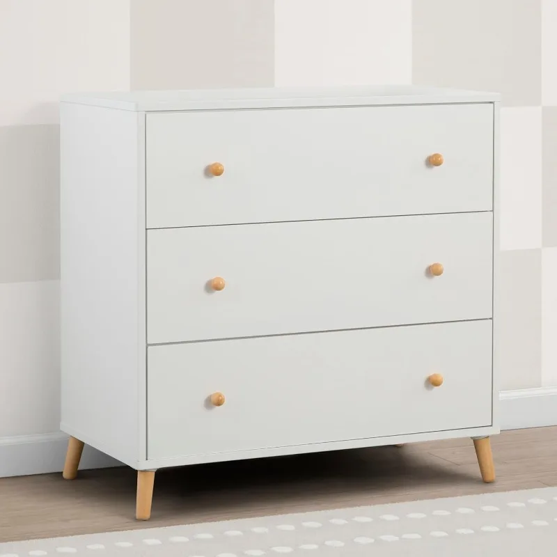 3 Drawer Dresser with Interlocking Drawers, Bianca White/Natural