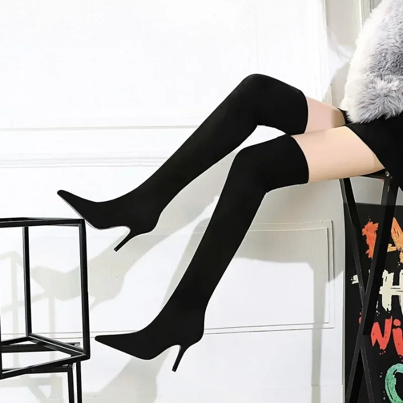 BIGTREE Shoes Suede Sexy Over-the-Knee Boots Black Plush Warm Women Winter Boots 9.5CM Thin High Heel Boots Long Plus Size 42 43