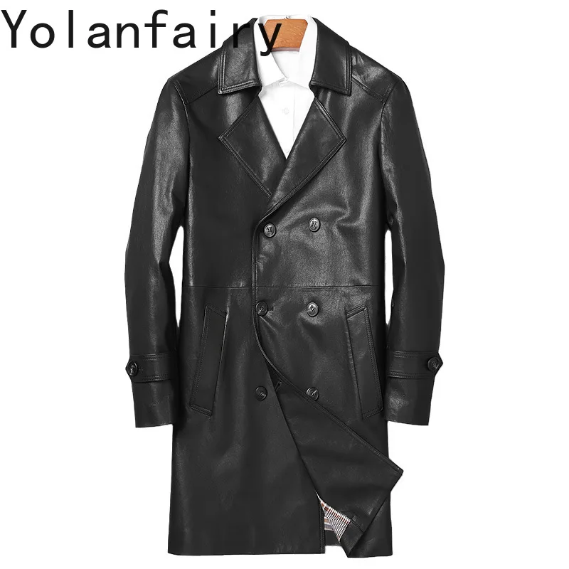 

YOLANFARIY Genuine Leather Jacket Men Autumn Clothes Mid-length Trench Coat for Man Real Sheepskin Male Coats Jaqueta Masculina