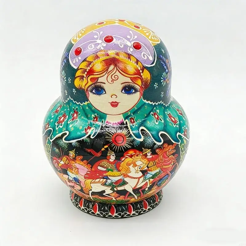10 레이어 러시아어 손으로 그린 ​​중첩 인형 어린이를위한 나무 교육 스태킹 장난감 예술적 재미와 학습 A2UB